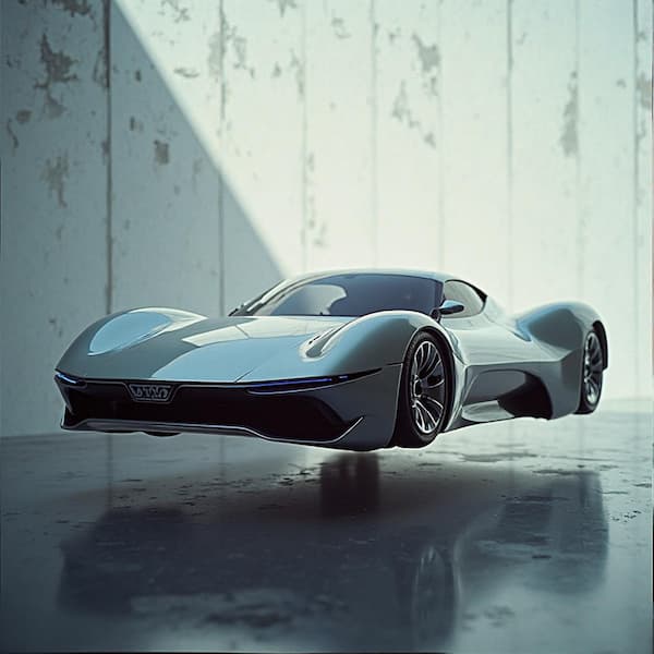 KI-Bilder erstellen - Schwebender Sportwagen in einem weißen Raum