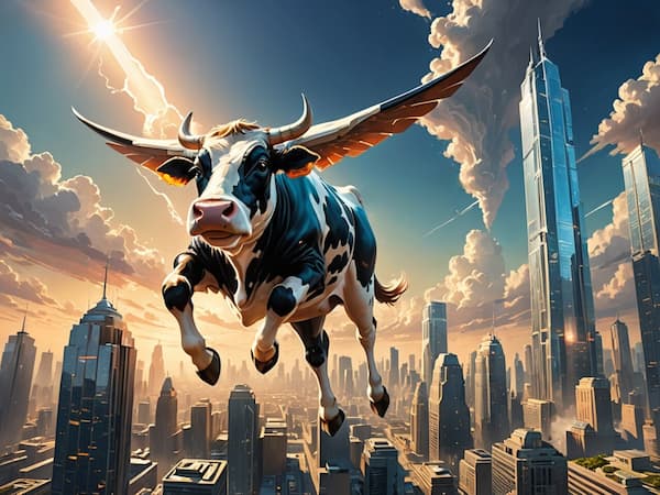 KI-Bilder erstellen - Eine fliegende Kuh schwebt über einer Stadt mit Wolkenkratzern.