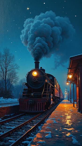 KI-Bilder erstellen - Ein Zug, der nachts die Gleise entlangfährt