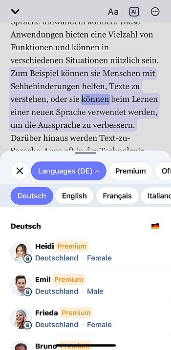Deutsche KI-Stimmen in der Speechify App