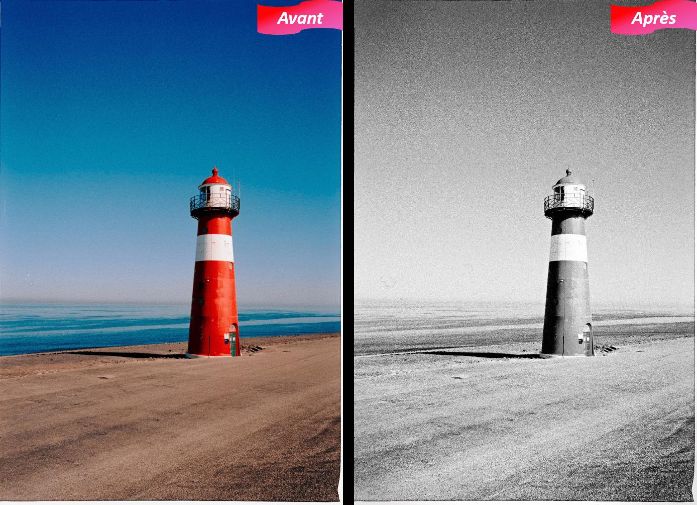 Démonstration avant et après photo en noir et blanc avec une application mobile