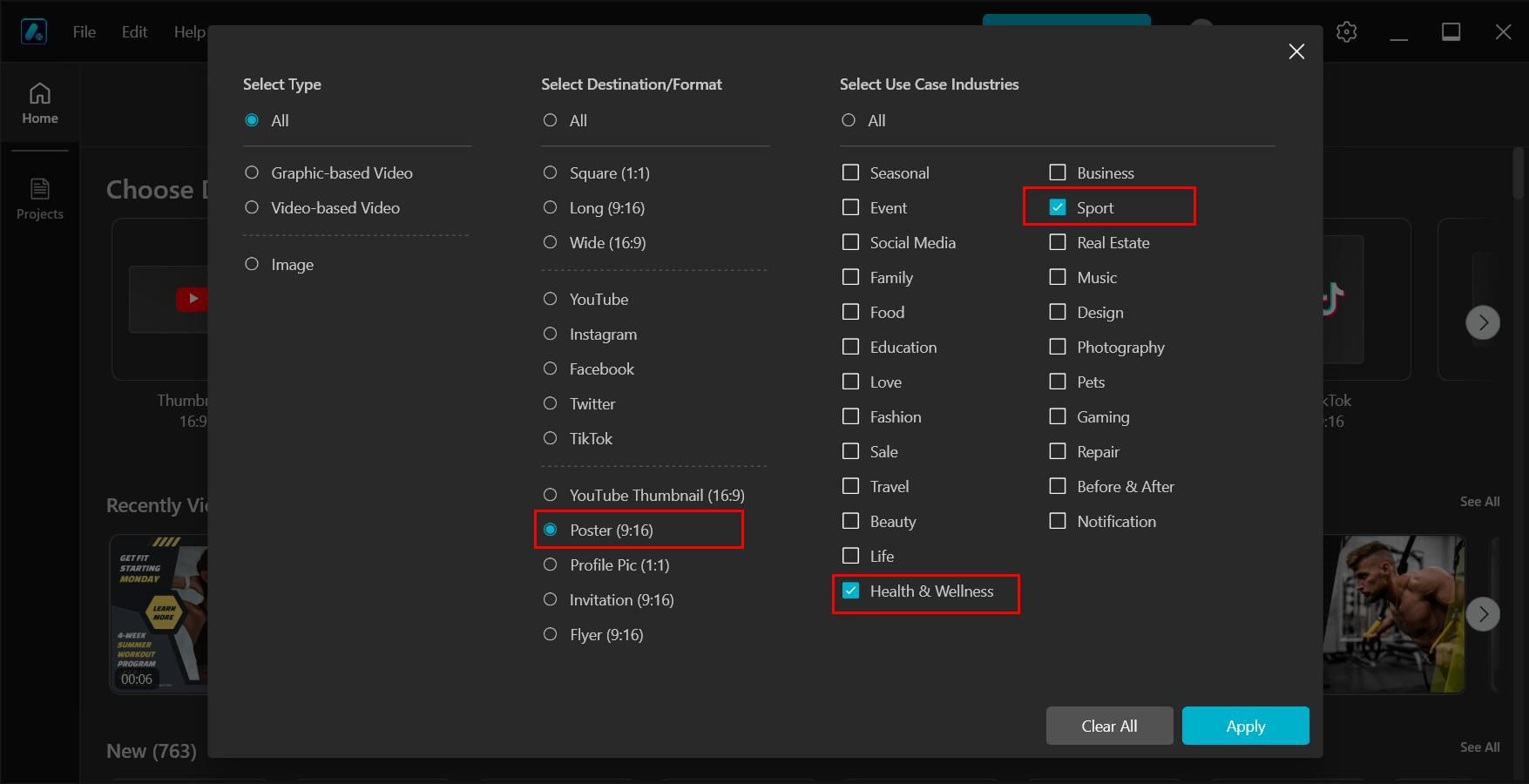 Apply filters to find a suitable template
