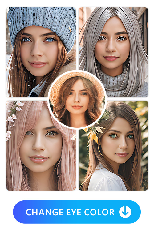 Portrait with different hair and eye color variations, original photo in the center.