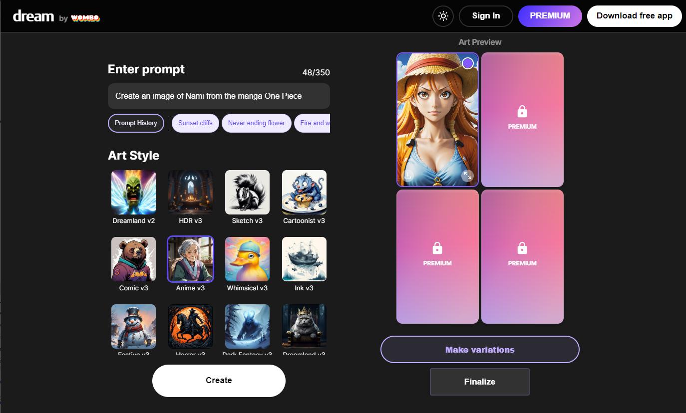 Dream By Wombo - 3eme meilleur outil pour générer des Fan Art Animé