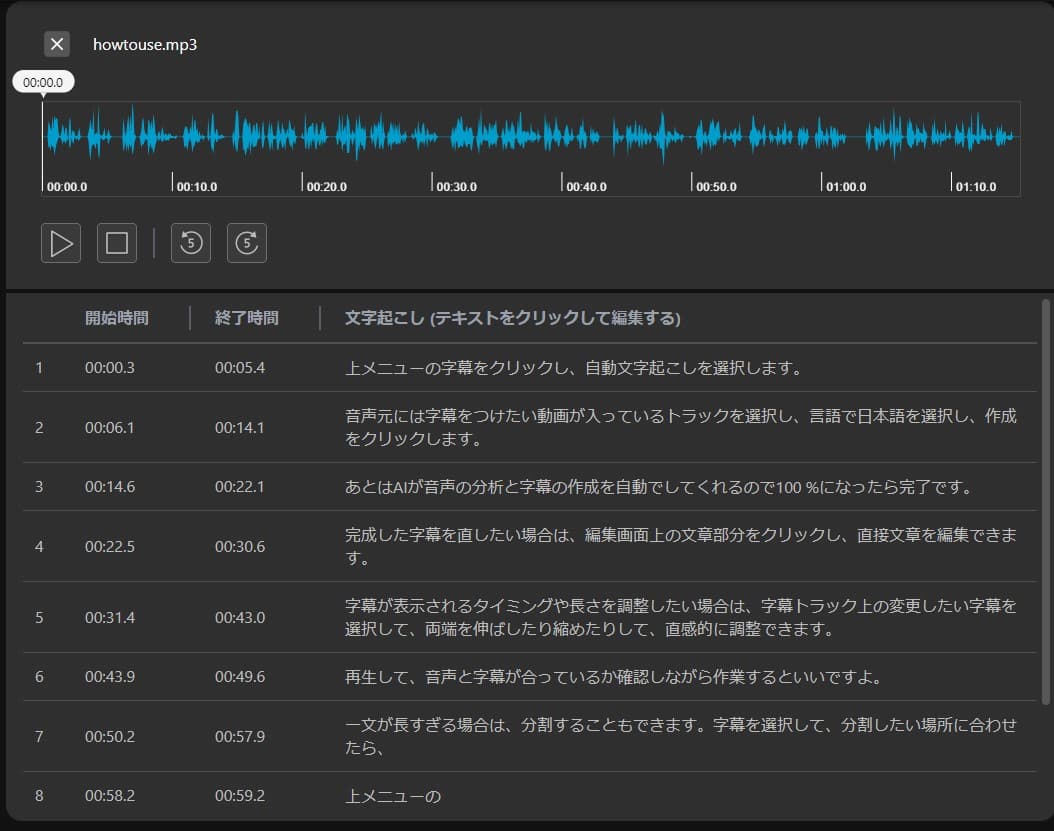 MyEdit 文字起こし後の画面