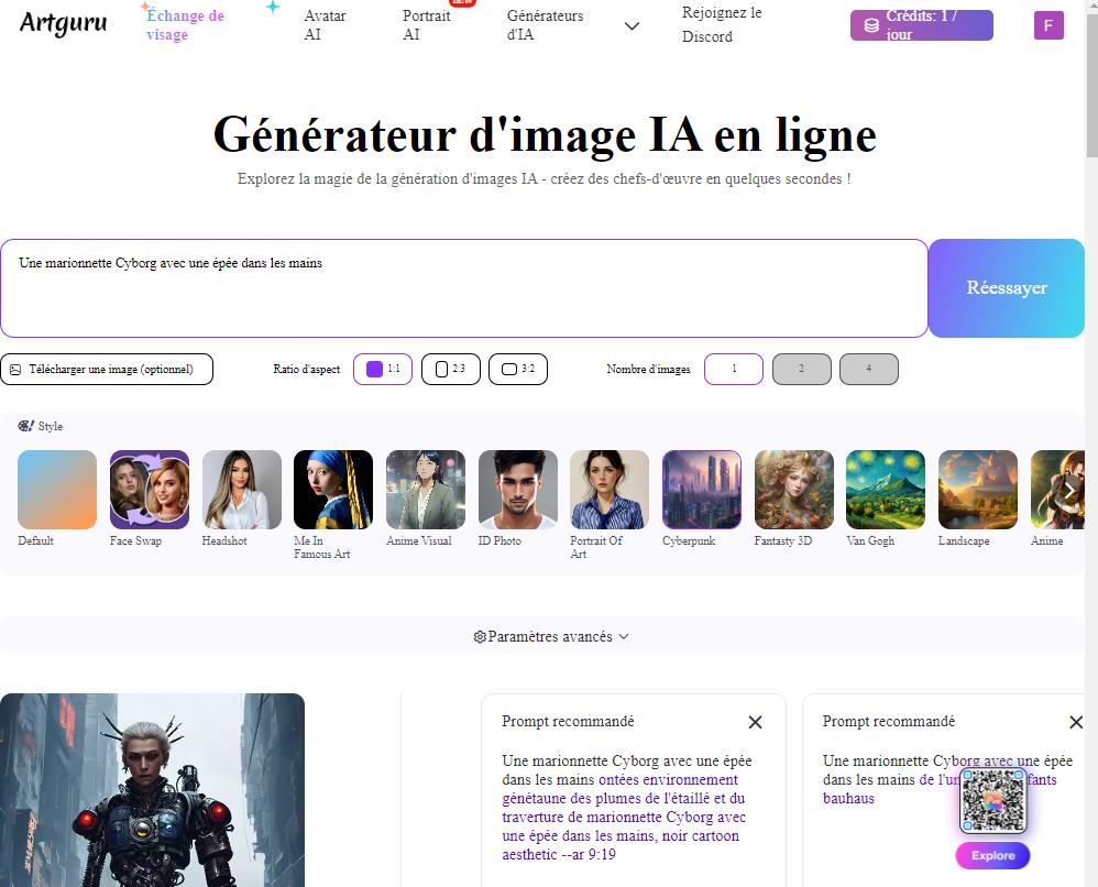 Artguru - 4e Meilleure alternative gratuite à Midjourney pour créer des images très personnalisées