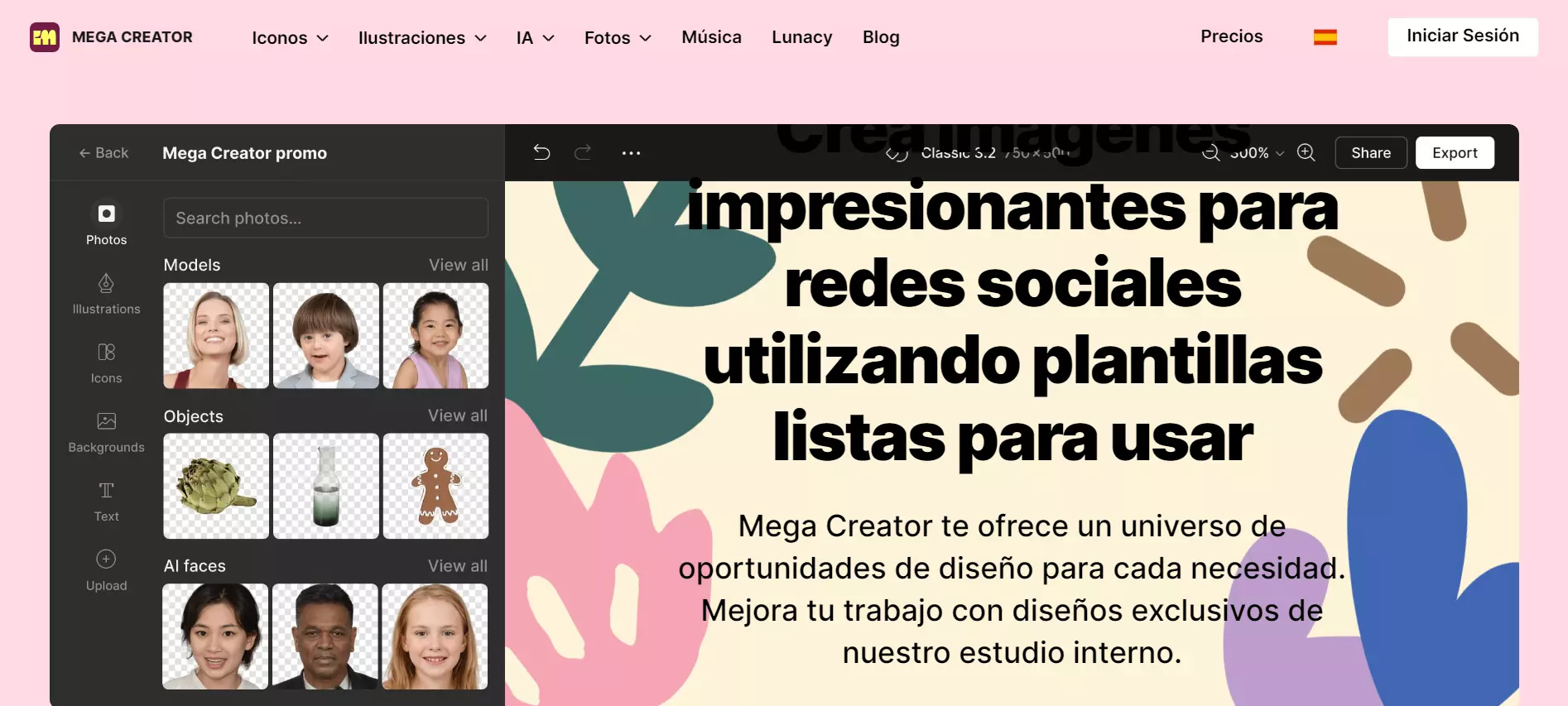 Mega Creator - La mejor alternativa a Canva para agregar elementos y personas sobre fondos transparentes