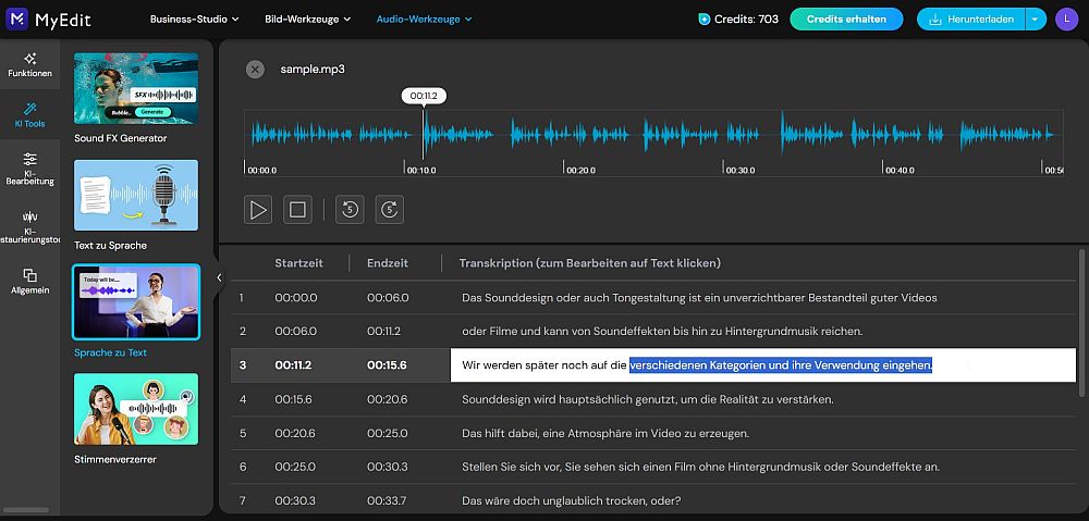 Automatisch transkribierte Audiodatei mit Zeitstempeln