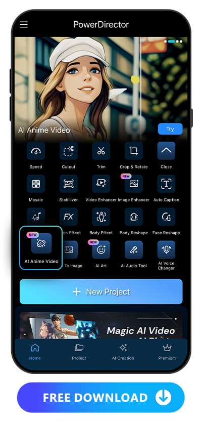 Launcher of PowerDirector and highlight AI Anime Video feature icon