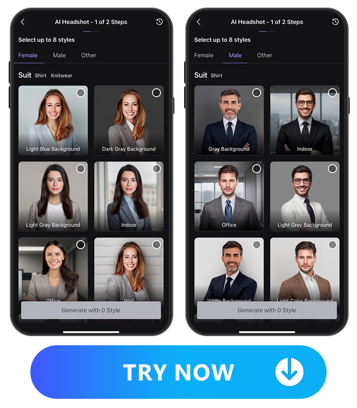 AI headshot styles of different gender provided by Vivid AI