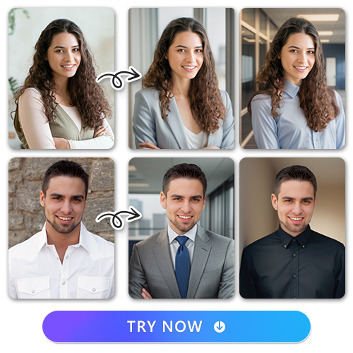 a woman and a man and their company headshots in 2 business outfits