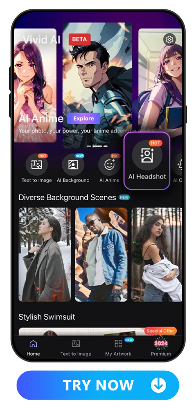 Vivid AI' main page and highlight AI Headshot feature