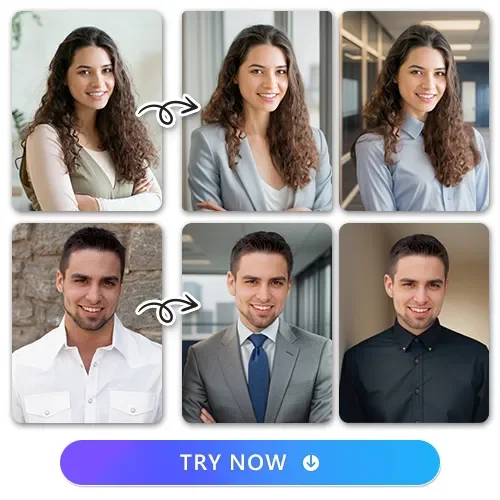 a woman and a man and their company headshots in 2 business outfits