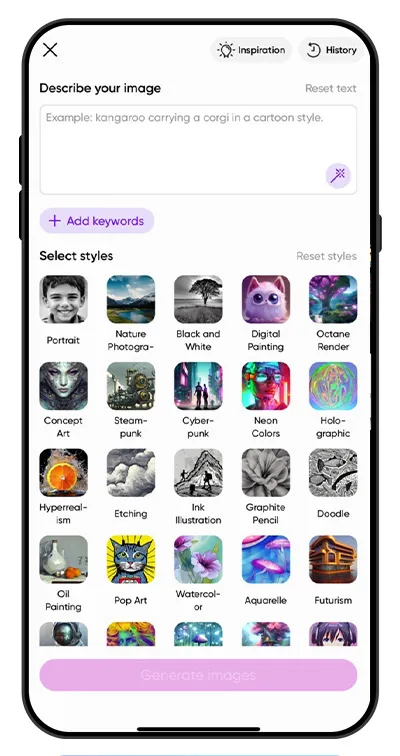 the text to image generator UI of Picsart