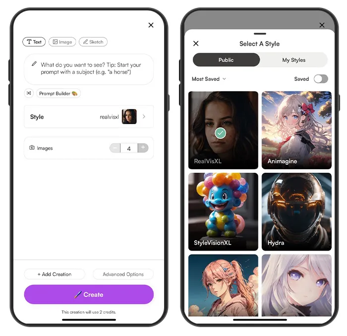 the text to image generator UI of Starryai