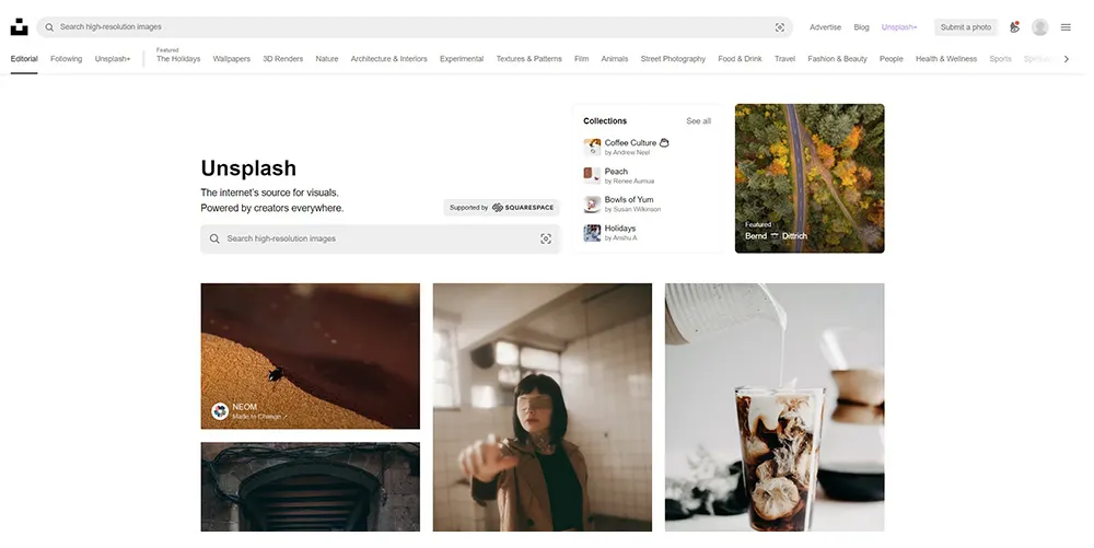 Home page of Unsplash.com