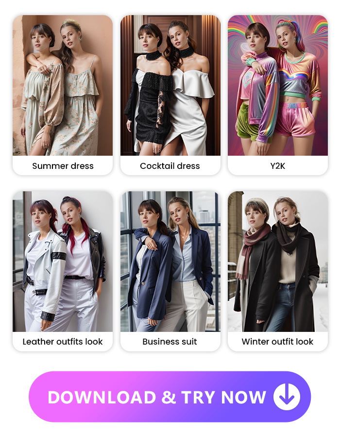 display 6 outfit styles can be virtually try on with Vivid AI including summer dress, cocktail dress, Y2K, leather outfit, business suit and winter outfit