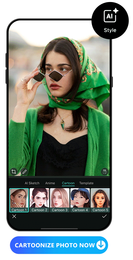 edit a woman in sunglasses photo by applying with 6 AI cartoon styles