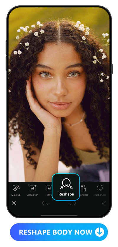 edit a woman selfie by reshaping face, eyes, nose  and lips