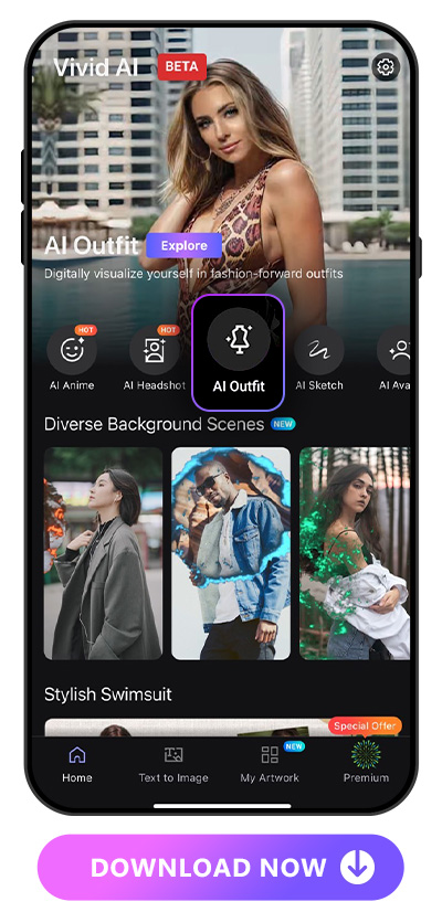 main page UI of Vivid AI with AI Outfit feature was highlighted