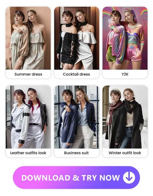 display 6 outfit styles can be virtually try on with Vivid AI including summer dress, cocktail dress, Y2K, leather outfit, business suit and winter outfit
