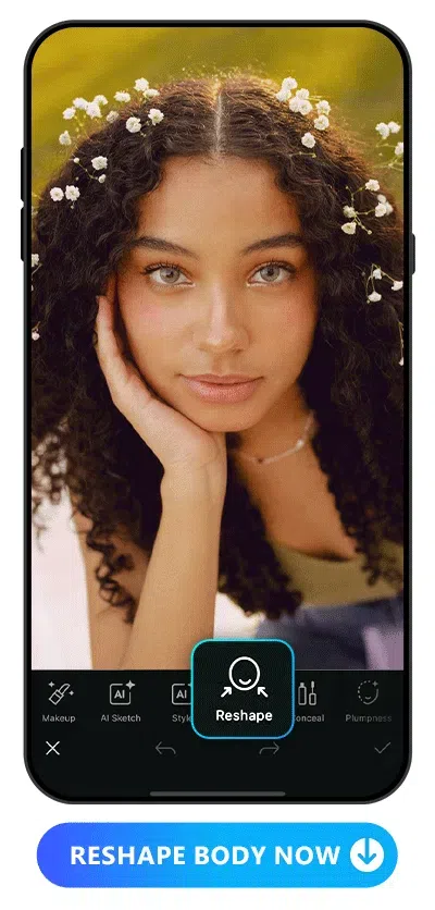 edit a woman selfie by reshaping face, eyes, nose  and lips