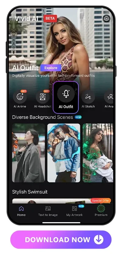 main page UI of Vivid AI with AI Outfit feature was highlighted