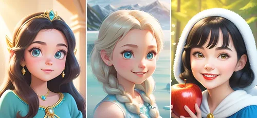 collage 3 AI generated DIsney princess images with Jasmine, Elsa and Snow White style
