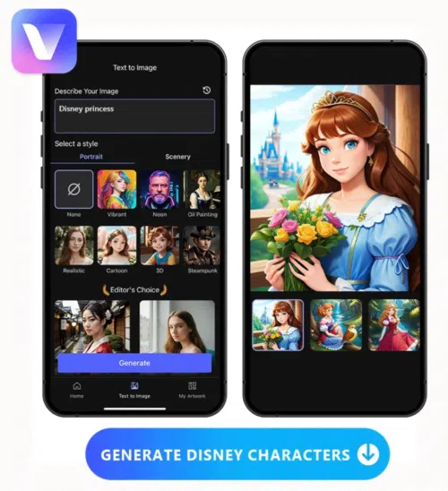 a GIF with UI of 3 Disney AI generators including Vivid AI, PhotoDirector and Picsart