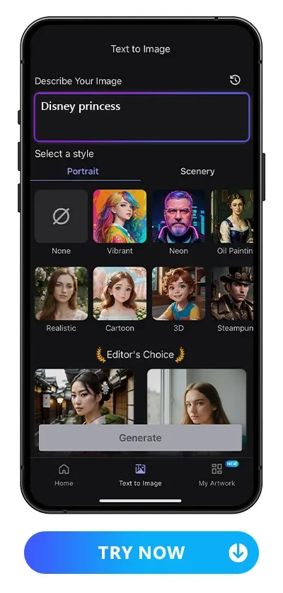 Vivid AI's text to image UI with text prompt and style preview