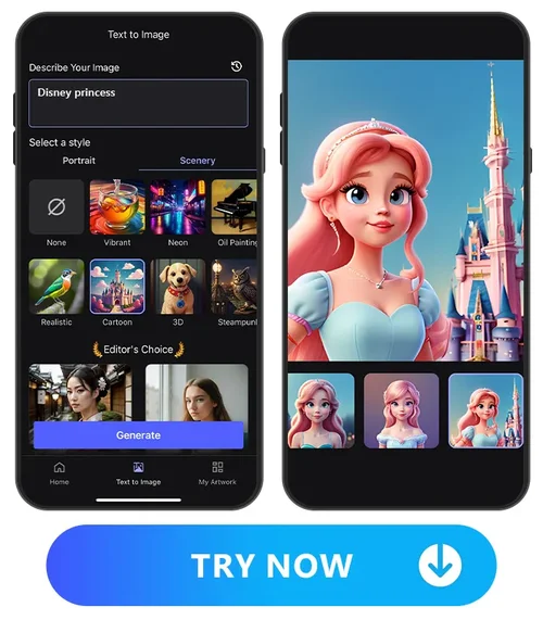 Vivid AI's text to image UI and generated cartoon style Disney princess image