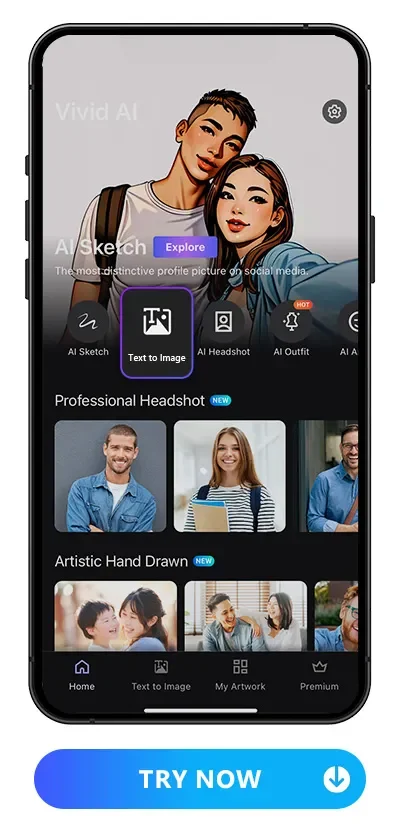 Vivid UI' main page with text to image feature highlighted