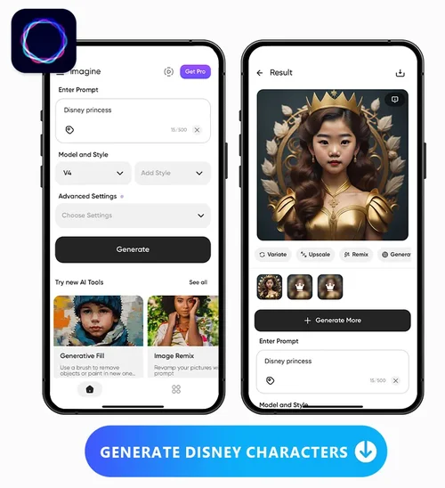 an image of Imagine — AI Art Generator's text to image UI and generated image side by side