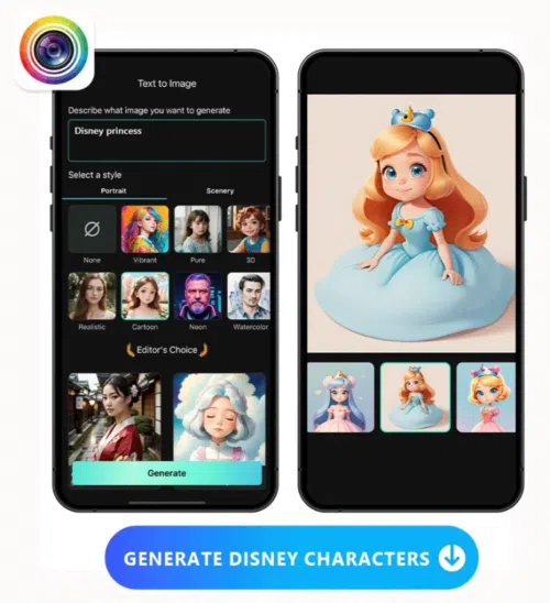 an image of PhotoDirector's text to image UI and generated images side by side