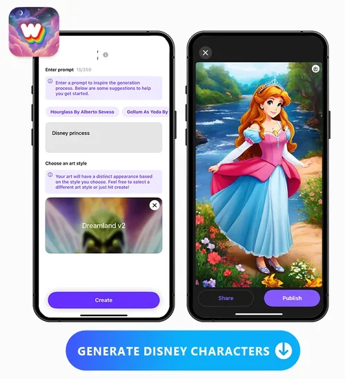 an image of WOMBO Dream's text to image UI and generated image side by side