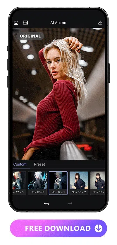 a girl in red sweater with lobg blonde hair applied with 5 AI Anime styles