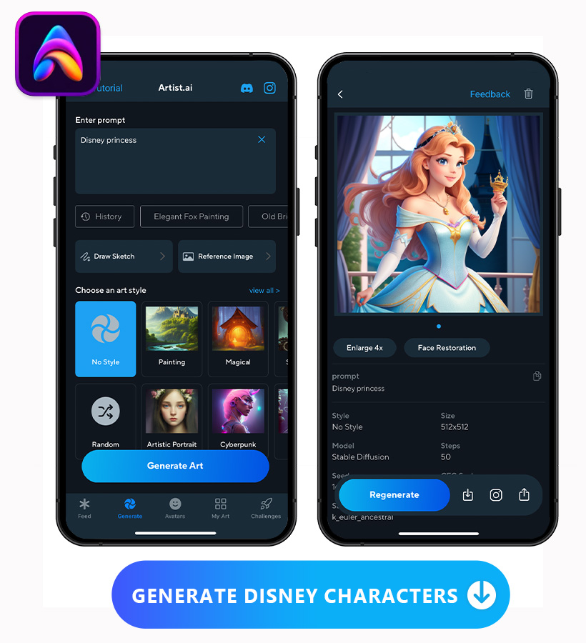 an image of Imagine — Artist.ai's text to image UI and generated image side by side