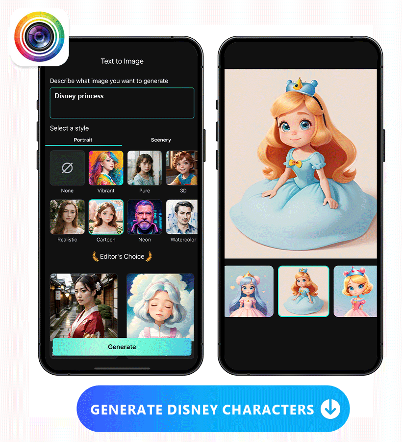 an image of PhotoDirector's text to image UI and generated images side by side