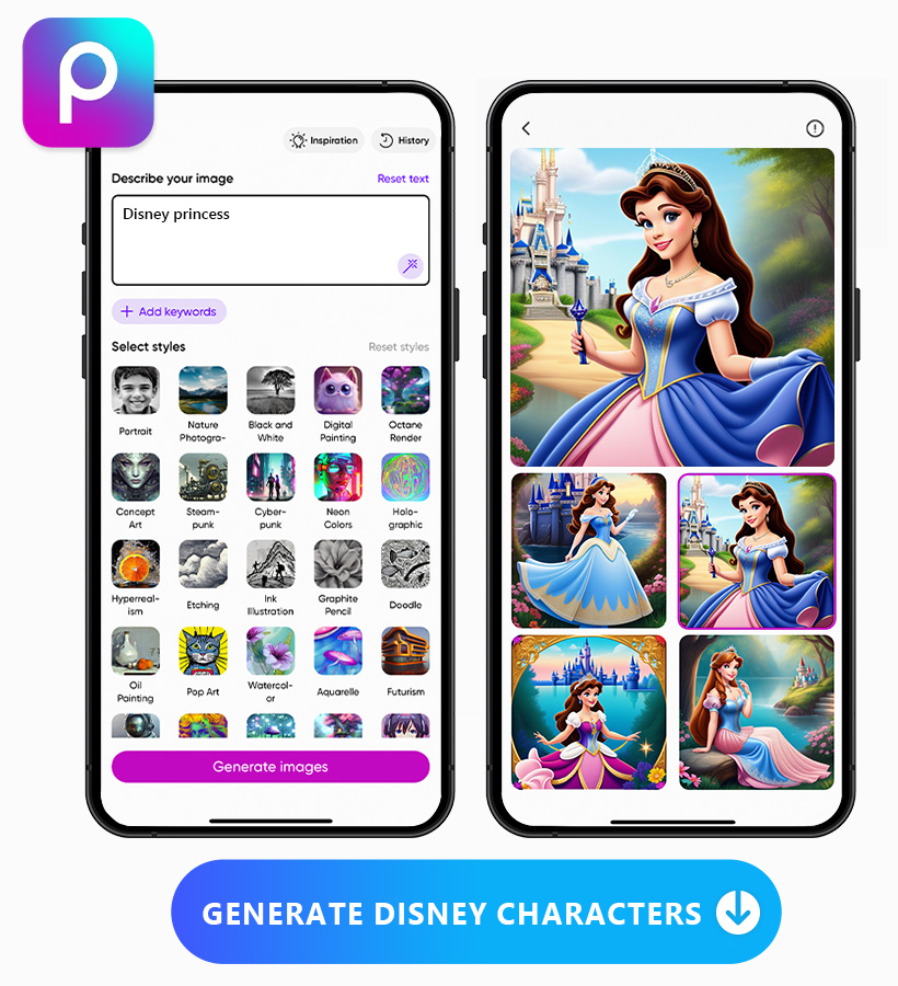 an image of Picsart's text to image UI and generated image side by side