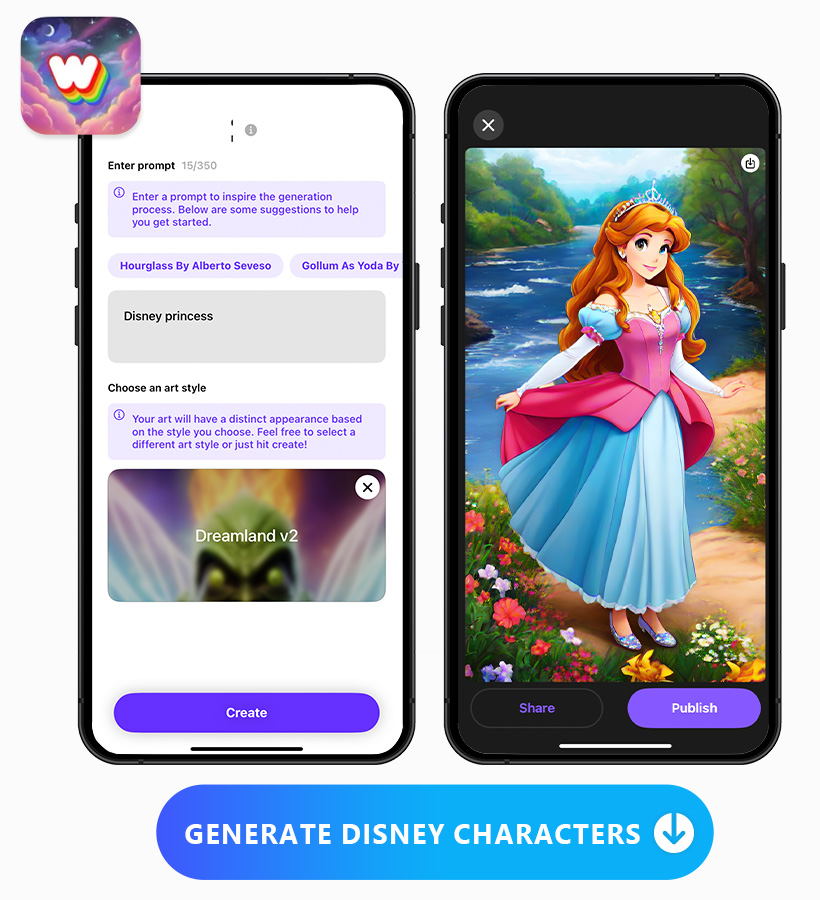 an image of WOMBO Dream's text to image UI and generated image side by side