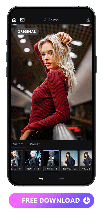 a girl in red sweater with lobg blonde hair applied with 5 AI Anime styles