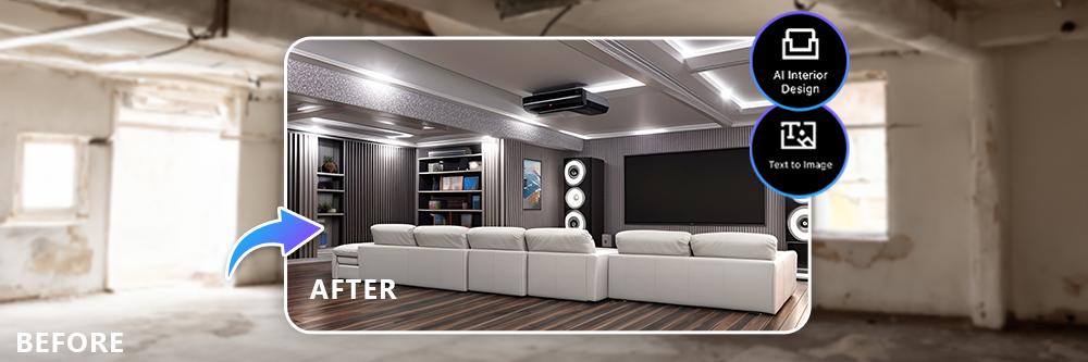 a before and after basement image applied with AI Interior Design and Text to Image feature of MyEdit