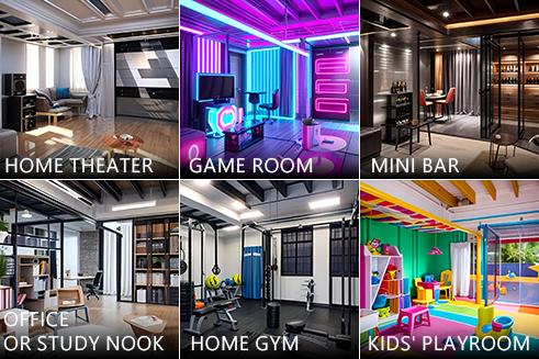6 finished basement ideas including home theater, game room, mini bar, home gym, office or study nook and kids' Playroom