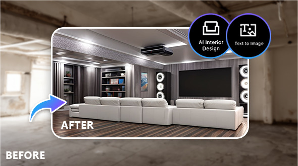 a before and after basement image applied with AI Interior Design and Text to Image feature of MyEdit