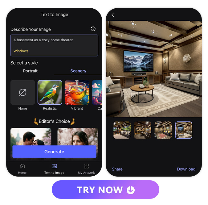 text to image UI and the generated finished basement preview