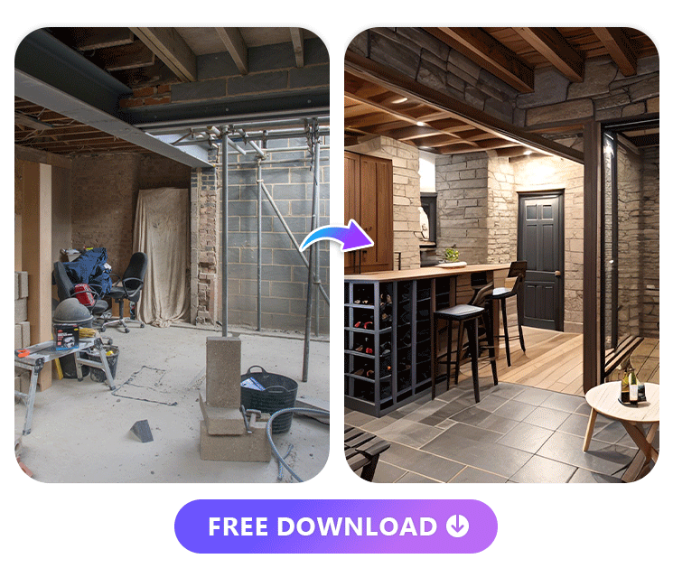 use AI Interior Design feature to generate finished basement with different styles