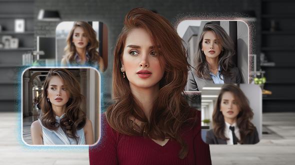 a woman's picture with 4 headshot examples made by PhotoDirector