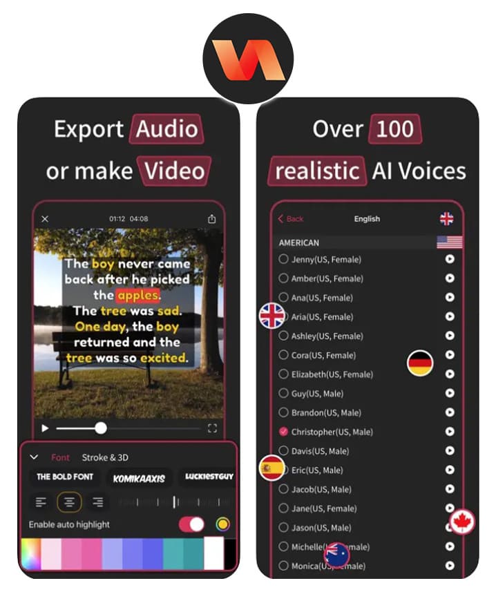 the voice generator preview UI and support voice languages of AI Voice Generator Video Maker