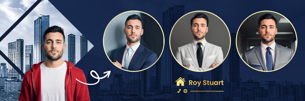 a guy in red hoodie jacket photo being transformed to real estate headshot with MyEdit