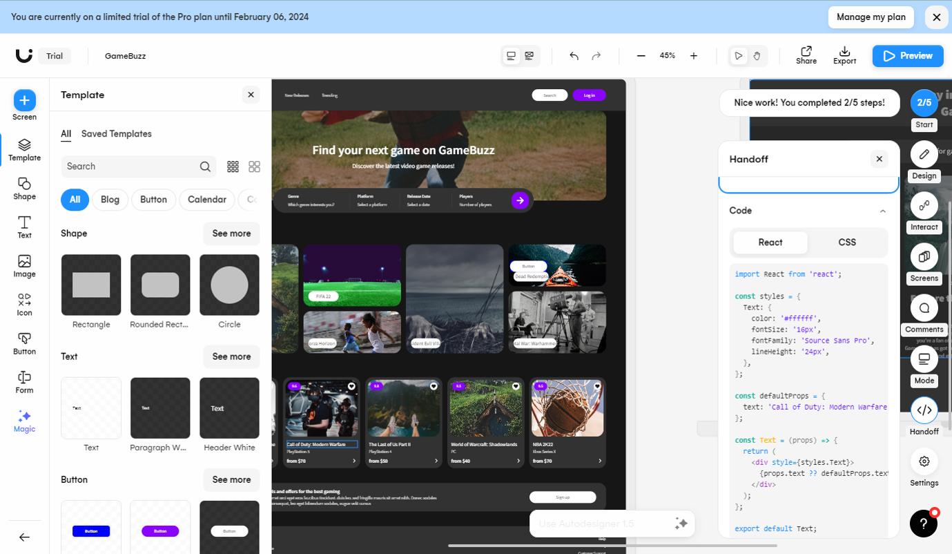 Uizard - 7 Meilleur logiciel IA pour créer un design d'une page web